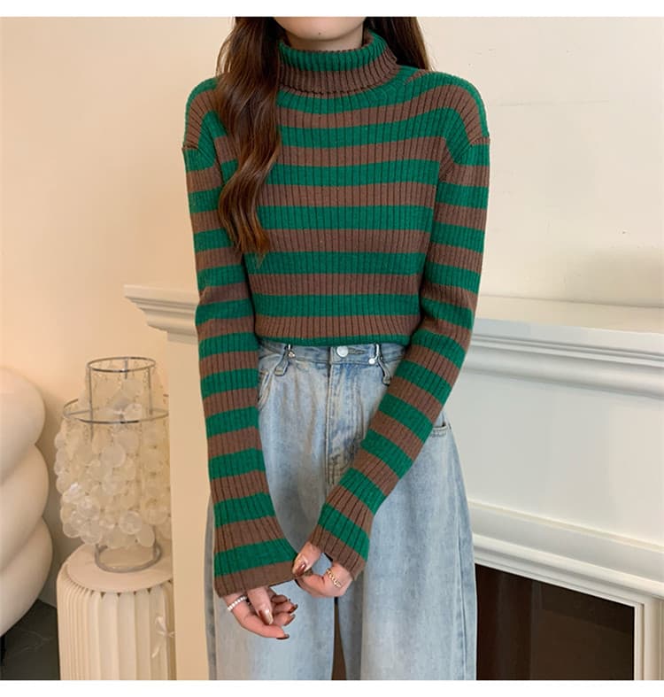 タートルネック　レディース　長袖　暖かいボーダー柄タートルネックシャツ レディース長袖ニット