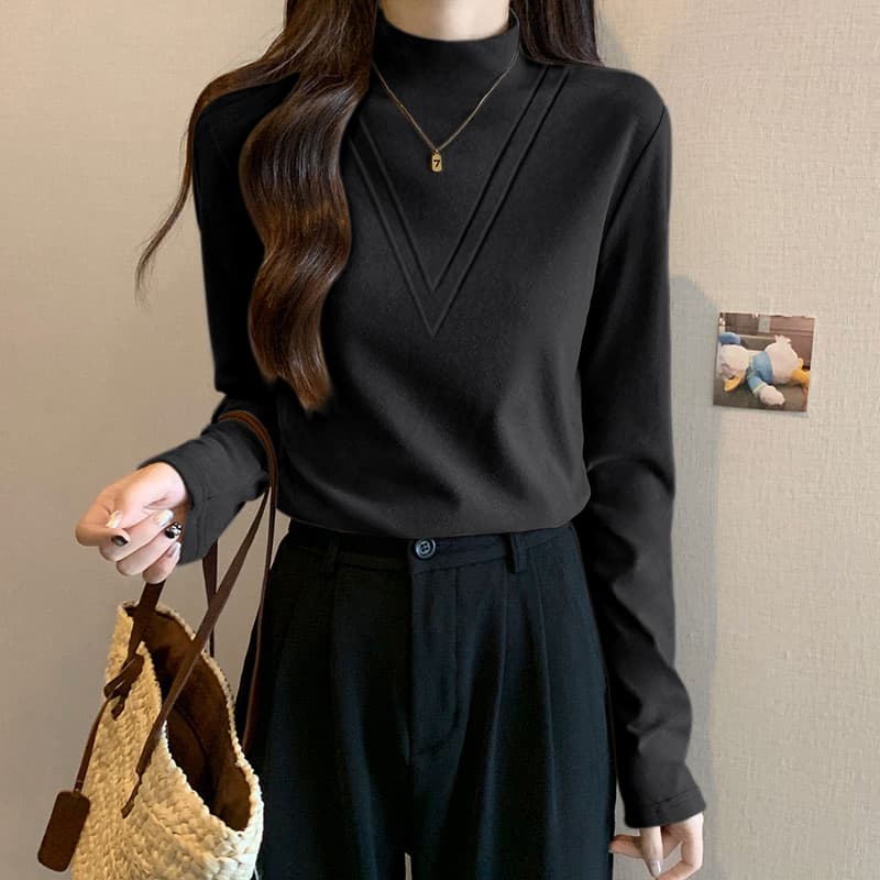 首元に品を添える、装飾デザインリブトップス｜一枚で整う大人のハイネック　M〜2XL