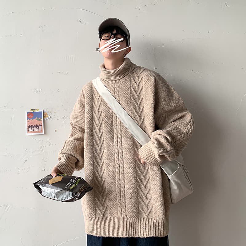 ケーブル編みゆったりオーバーサイズタートルネックセーター　M〜3XL　メンズ　長袖