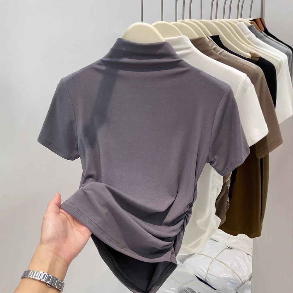 モックネック　レディース　半袖　 ギャザーデザイン 半袖カットソー　S~XL