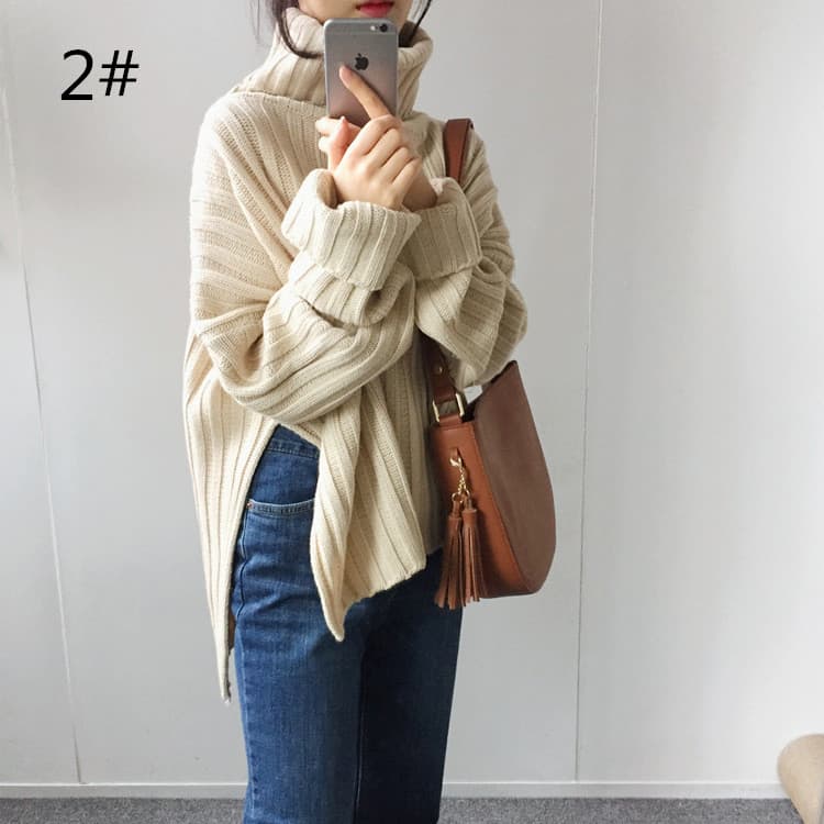 体型カバー編みニットセーター レディースタートルネック