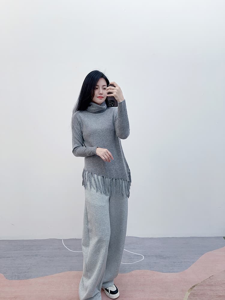 裾フリンジデザインタートルネックセーター S~XL