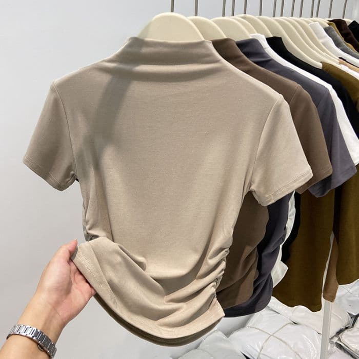 モックネック　レディース　半袖　 ギャザーデザイン 半袖カットソー　S~XL