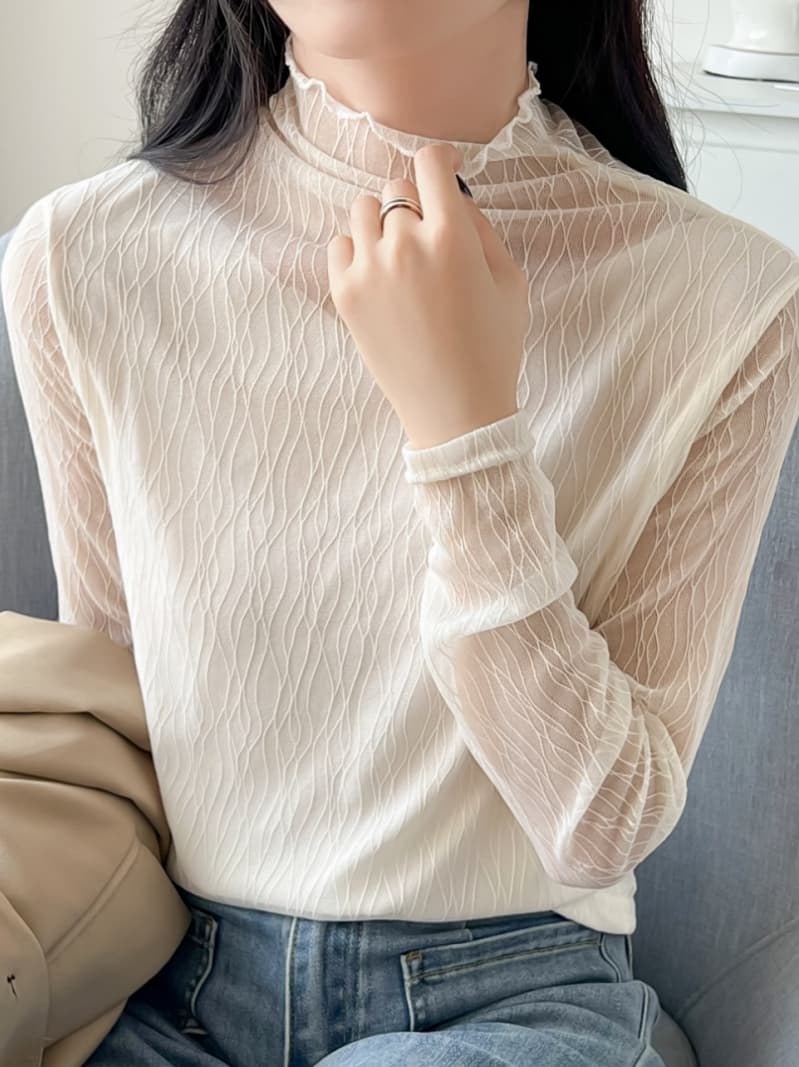 波模様シアー素材フリル襟タートルネックインナー　レース　レディース
