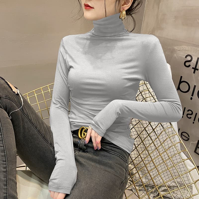 タートルネック レディース 長袖 綿混カットソー｜着痩せフィット・薄手デイリーインナー（S〜3XL）