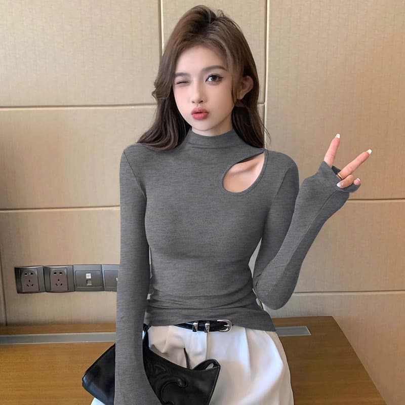 タートルネック　レディース　長袖　胸元カットニットトップス S～XXL