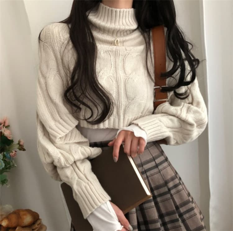 立体ケーブル編みショート丈タートルネックセーター