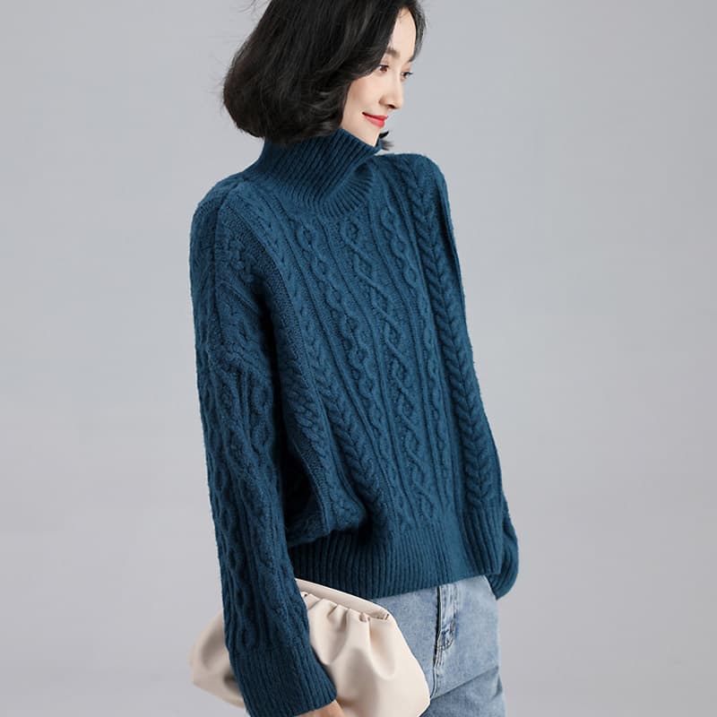 立体ケーブル編みタートルネックニットセーター　S〜3XL　レディース　長袖