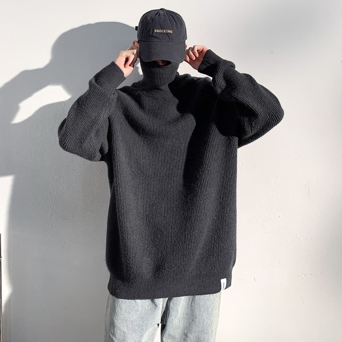 ゆったりシルエット畦編みタートルネックニット　メンズ　S~XXL