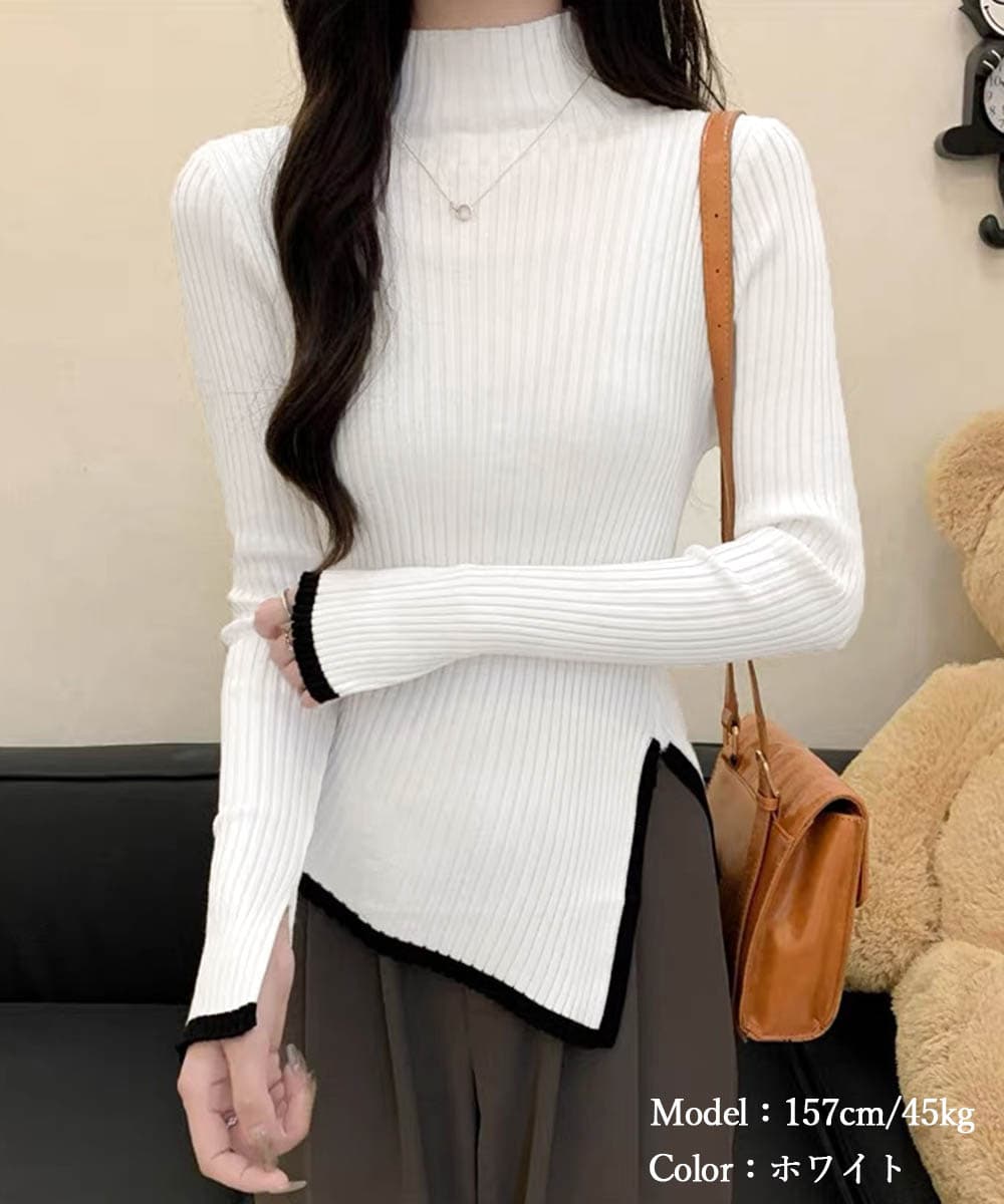 【骨格ストレート】1枚でラインがきれいに見える ハイネックリブトップス　レディース　長袖