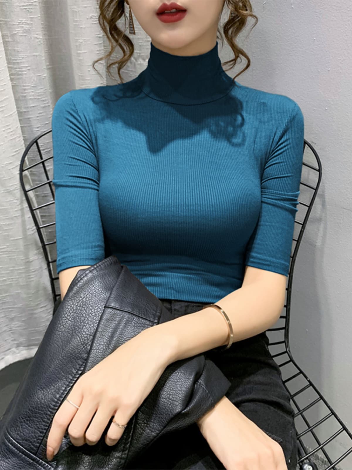【骨格ウェーブ向け】タートルネック レディース 長袖｜花柄レース編み上品トップス　S~XL