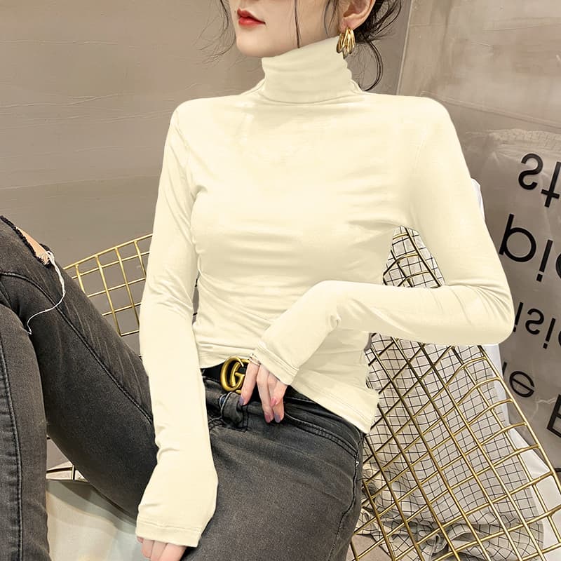 タートルネック レディース 長袖 綿混カットソー｜着痩せフィット・薄手デイリーインナー（S〜3XL）