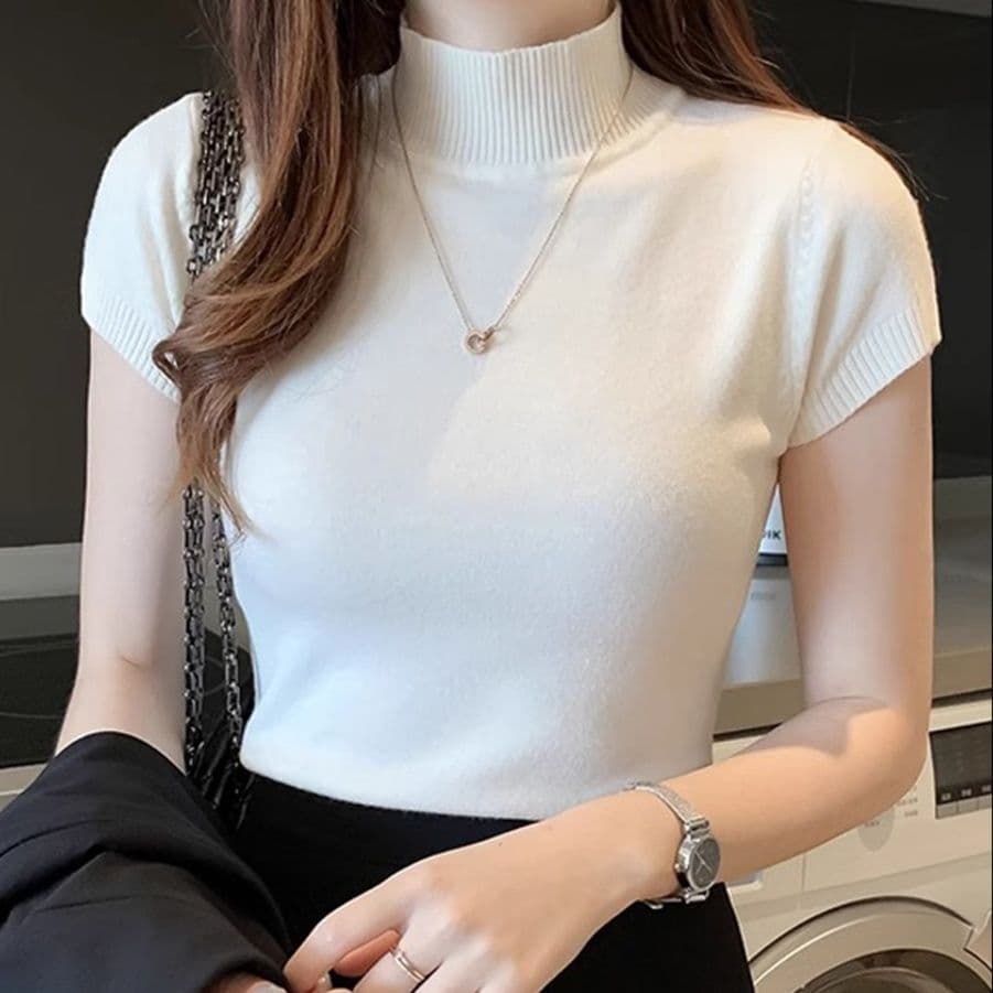 リブ編み半袖ニットタートルネックシャツ 　レディース　M〜2XL