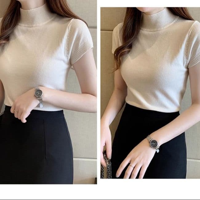 リブ編み半袖ニットタートルネックシャツ 　レディース　M〜2XL