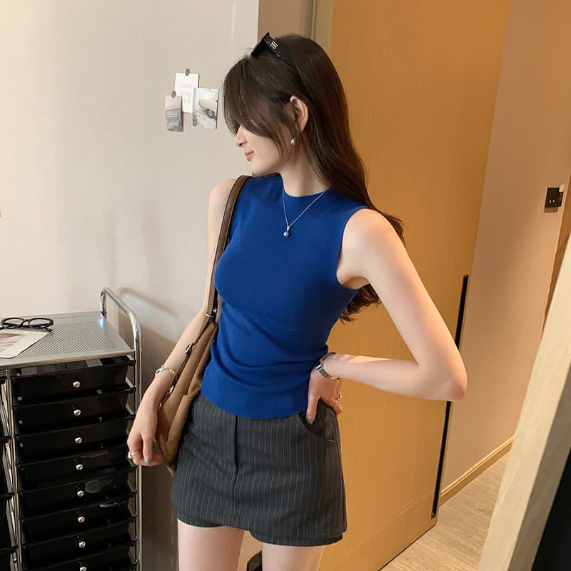 モックネック　レディース　ノースリーブ　レトロ風ノースリーブニット　S~L