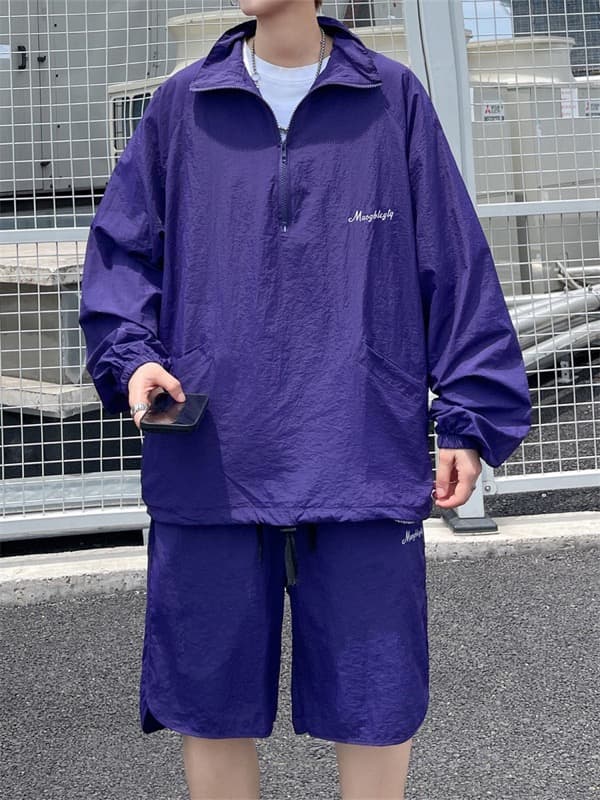 タートルネック　メンズ　長袖　 冷感素材ハーフジップシャツとショートパンツの上下セット M~3XL