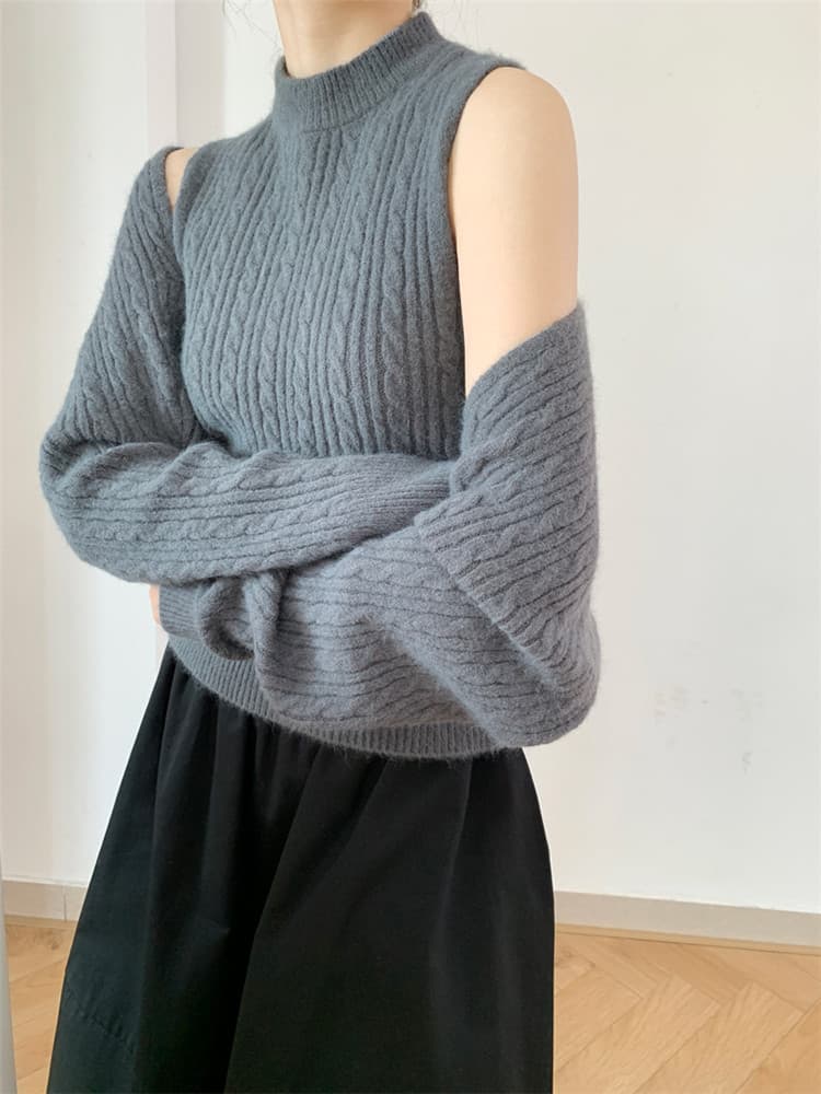 タートルネック　レディース　ノースリーブ　カーディガン　レトロ風 肩開き  ニットシャツ セット