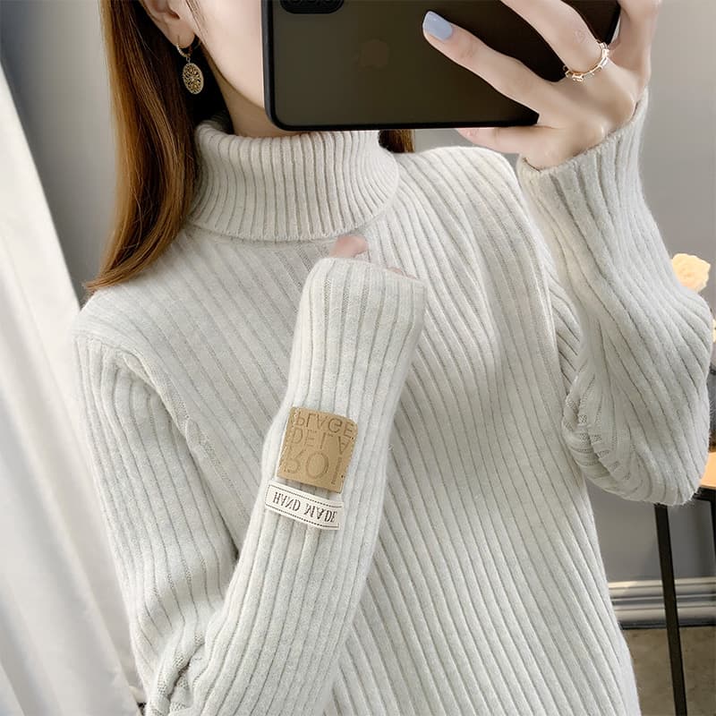 タートルネック レディース　長袖　リブ編み上質ウール混ニット S～XL