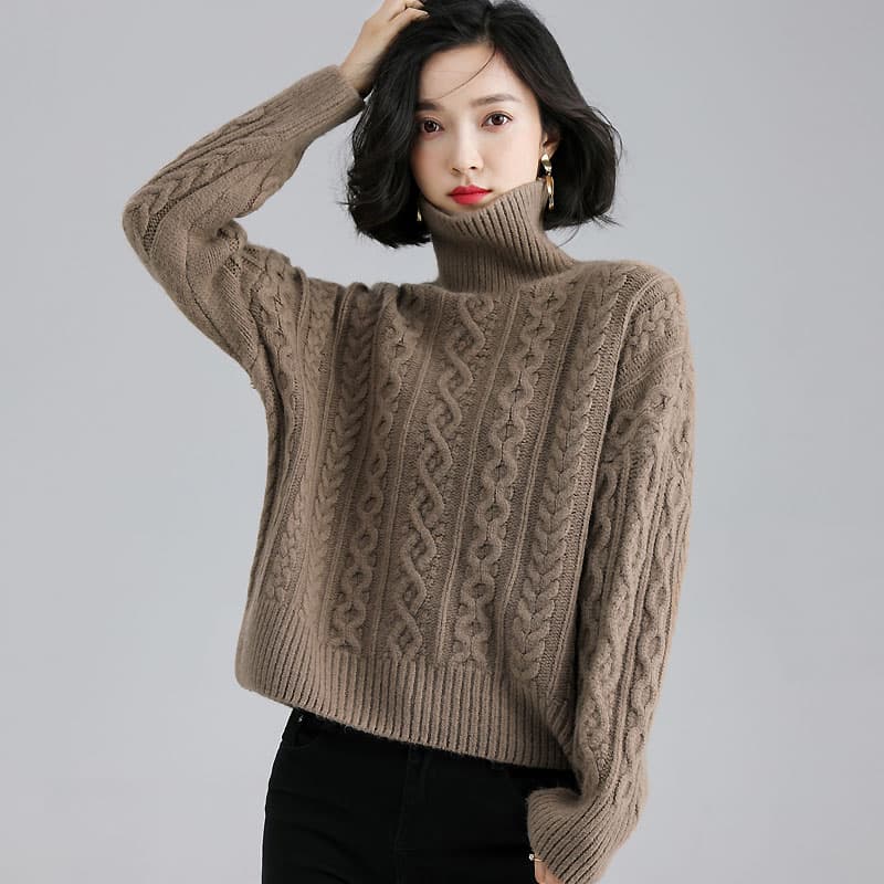 立体ケーブル編みタートルネックニットセーター　S〜3XL　レディース　長袖