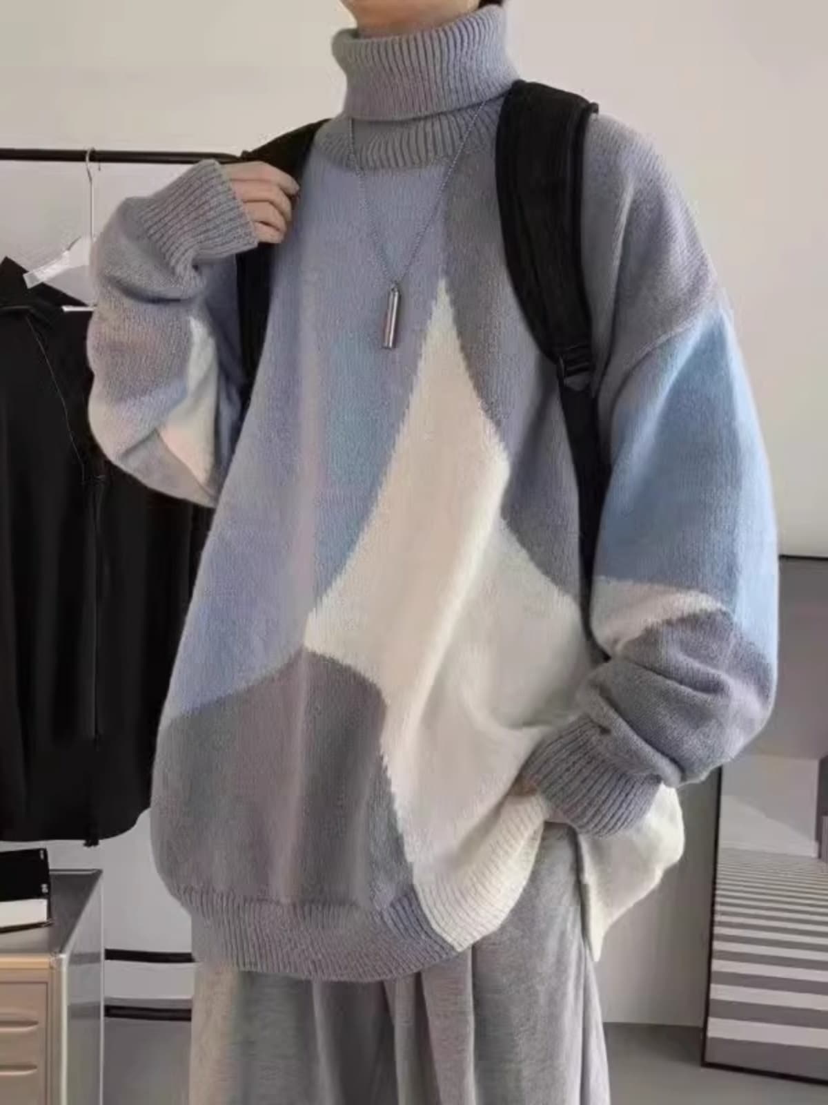 メンズ幾何学模様ゆったりタートルネックニットセーター　大きいサイズ　ぽっちゃり対応  S〜5XL