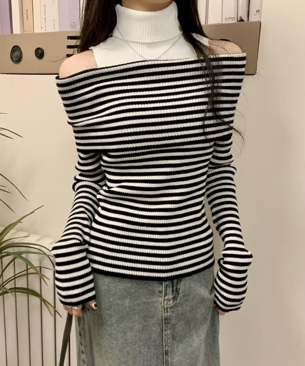 肩見せデザインニットタートルネックシャツ