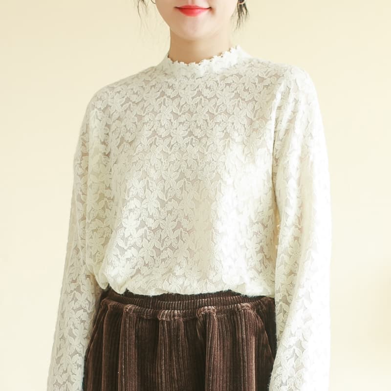 総柄レース地フリルネックタートルネックシャツ XL 2XL