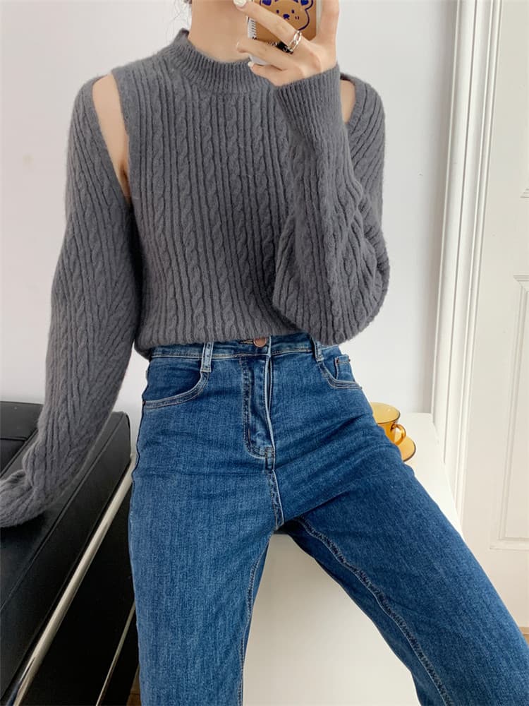 タートルネック　レディース　ノースリーブ　カーディガン　レトロ風 肩開き  ニットシャツ セット