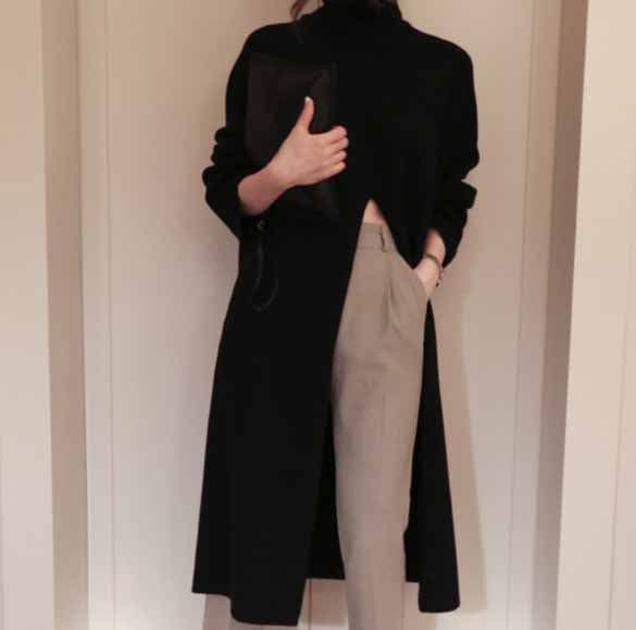 タートルネック　レディース　長袖　ニットシャツ  ロング丈 前スリット