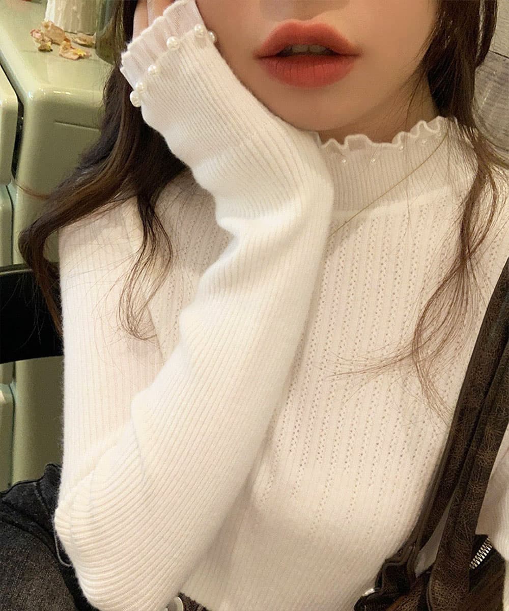 【骨格ストレート】真珠装飾リブニットシャツ タートルネック長袖春秋冬