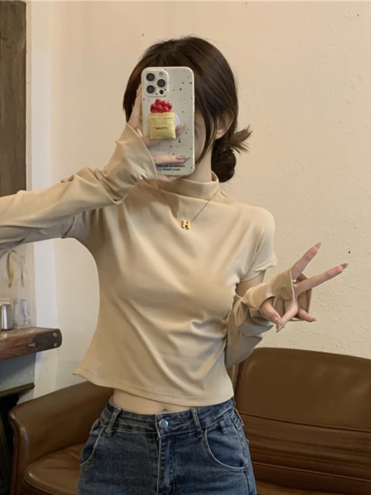タートルネック　レディース　長袖　 重ね着風 袖分離 薄手トップス S〜L