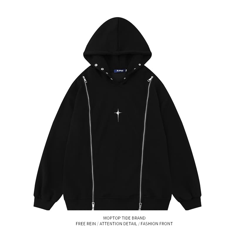タートルネック　メンズ　長袖　星印ダブルジッパーパーカー S~2XL