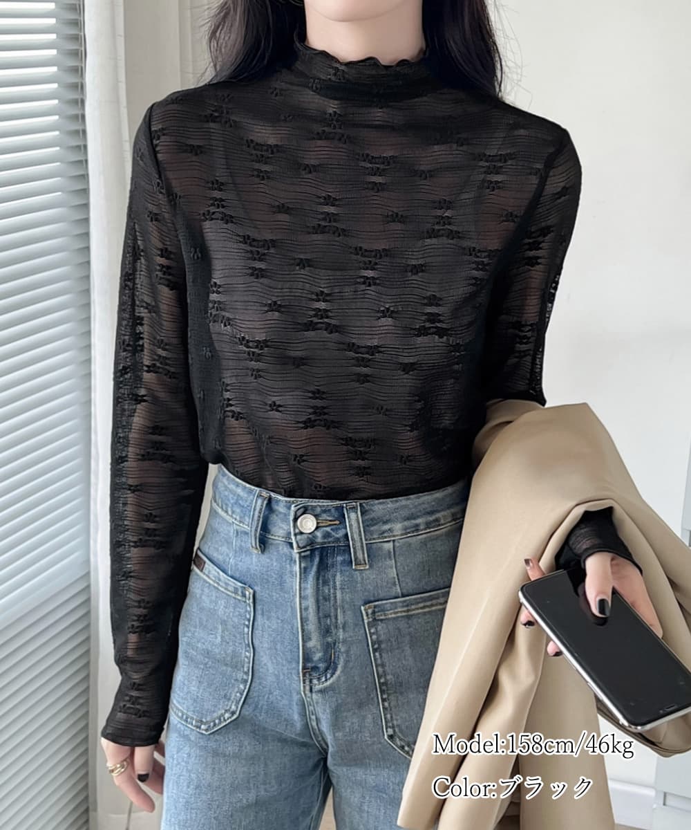 タートルネック　レディース　長袖　花柄タートルネックシースルーシャツ