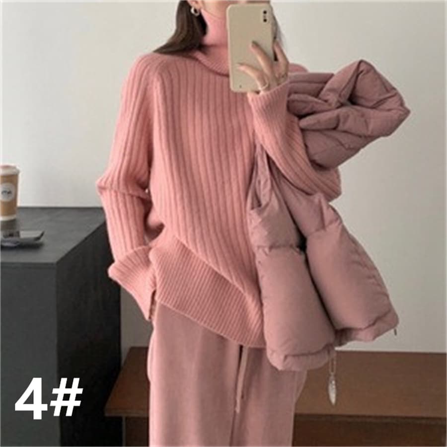 立体リブ編みゆったりタートルネックニット　レディース