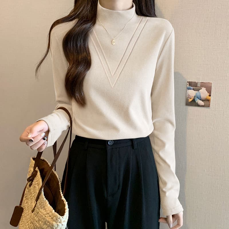 首元に品を添える、装飾デザインリブトップス｜一枚で整う大人のハイネック　M〜2XL