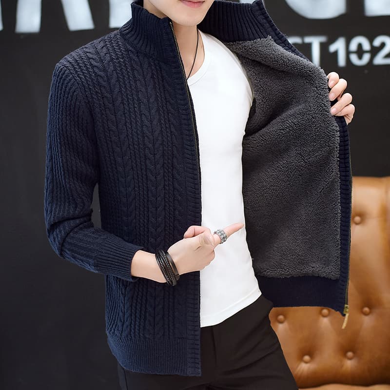 タートルネック　メンズ　長袖　裏起毛ケーブル編みジップアップニット　ジャケット　M~3XL