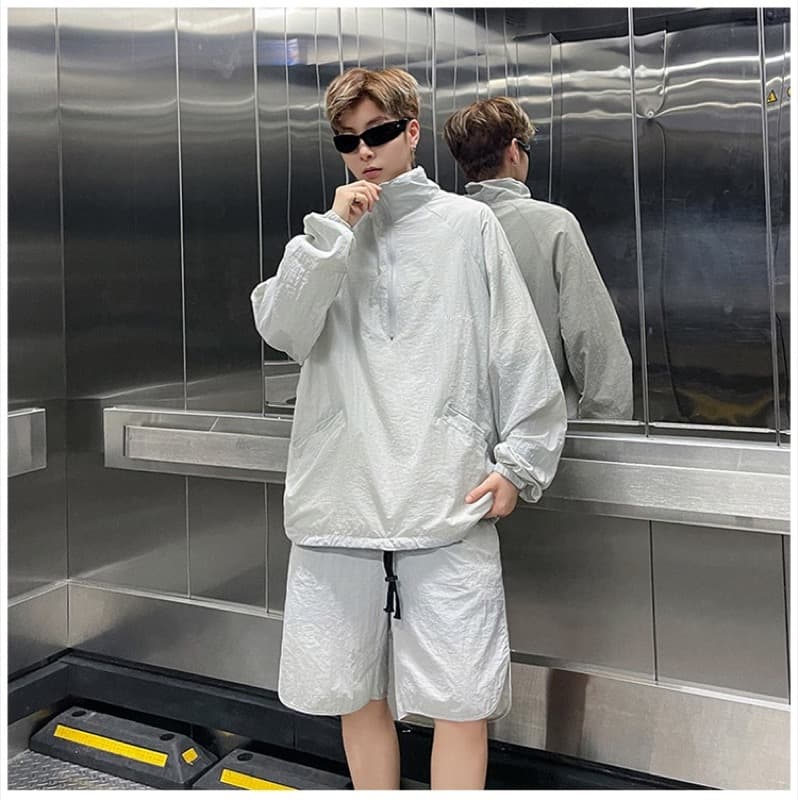 タートルネック　メンズ　長袖　 冷感素材ハーフジップシャツとショートパンツの上下セット M~3XL