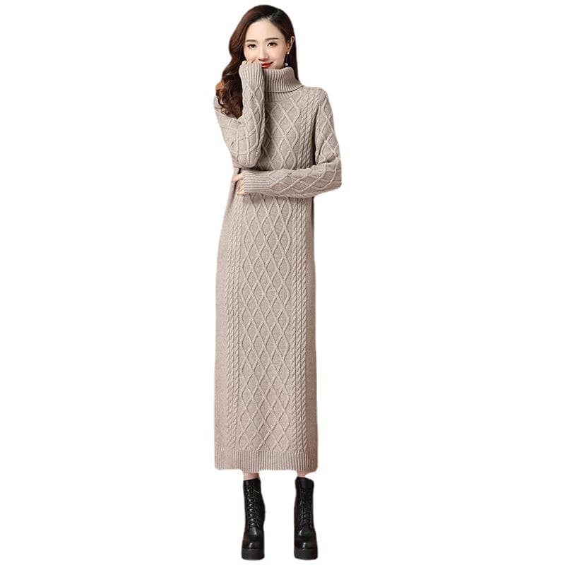 【骨格ストレート】立体ダイヤ柄編みタートルネックニットワンピース