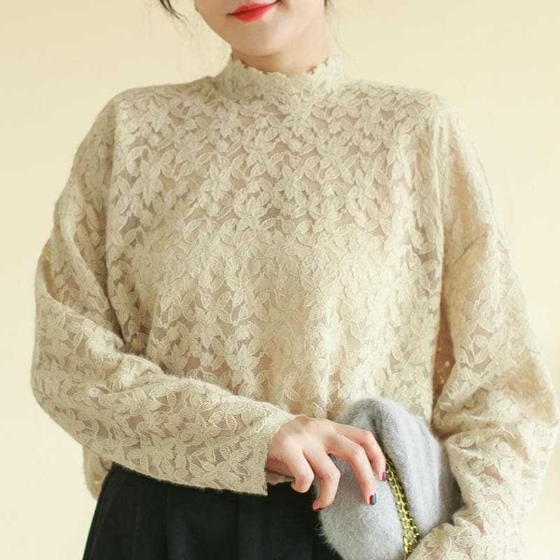 総柄レース地フリルネックタートルネックシャツ XL 2XL