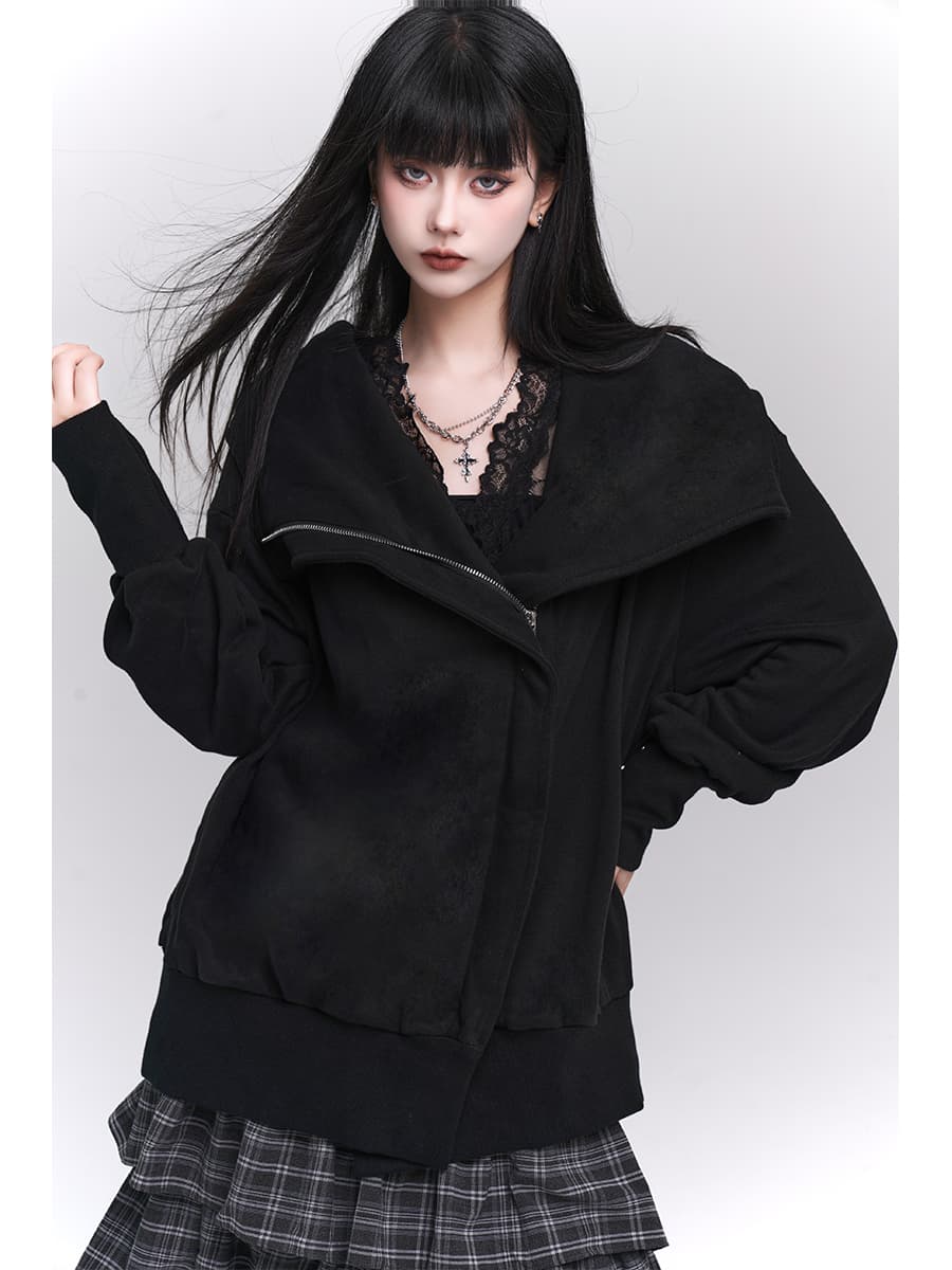 ビッグカラーフーデッドジップアップジャケット　ハイネック　レディース　S M