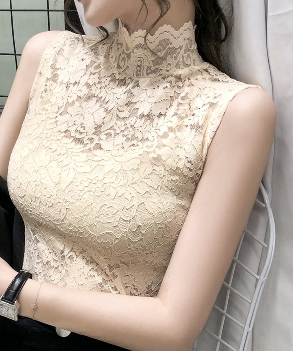 花柄レース タートルネック インナー 透け感 重ね着 タートルネック　レディース　ノースリーブ