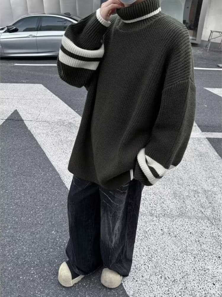 タートルネックレトロ風バイカラーリラックスセーター M~3XL