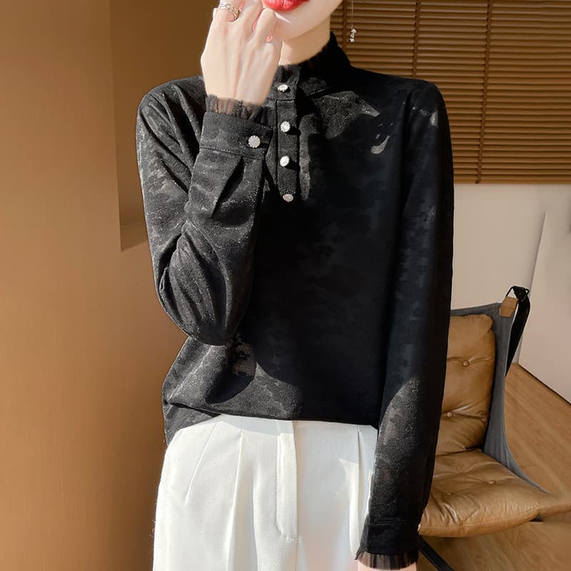 タートルネック 　レディース　長袖　花柄ジャガード薄手フリルネック M~XXL