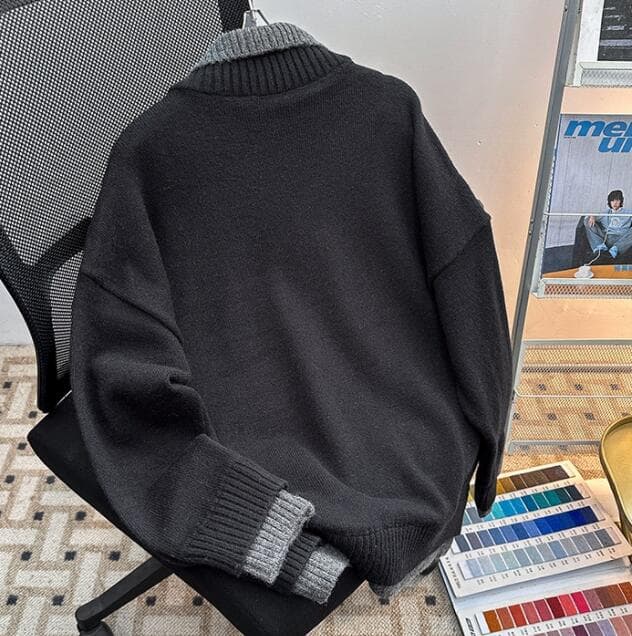 配色切替タートルネック重ね着風セーター　メンズ　M〜2XL