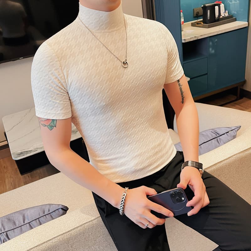 タートルネック メンズ　半袖　薄手 菱形模様入りインナーシャツ M〜4XL