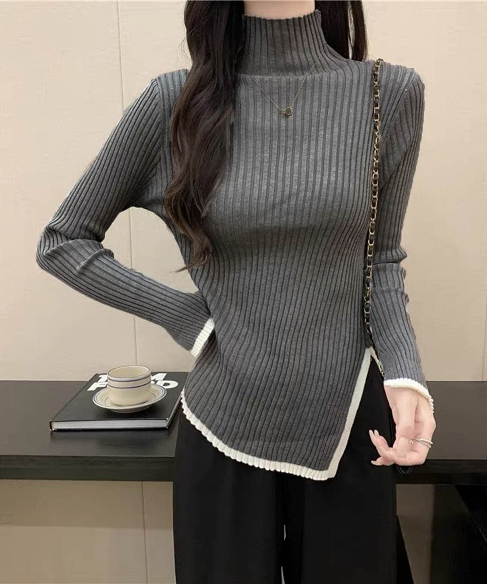 【骨格ストレート】1枚でラインがきれいに見える ハイネックリブトップス　レディース　長袖