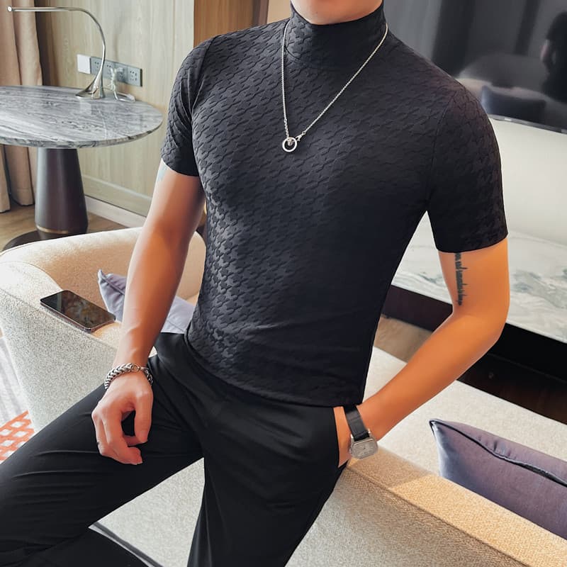 タートルネック メンズ　半袖　薄手 菱形模様入りインナーシャツ M〜4XL