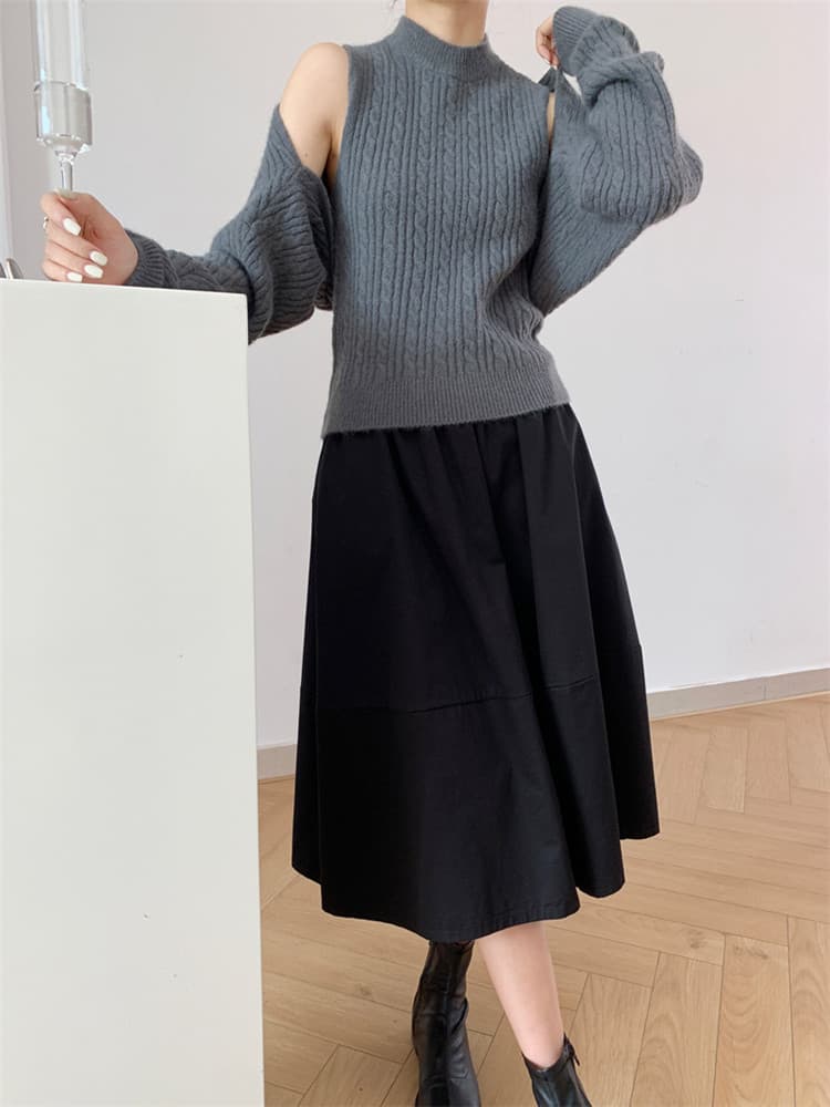 タートルネック　レディース　ノースリーブ　カーディガン　レトロ風 肩開き  ニットシャツ セット