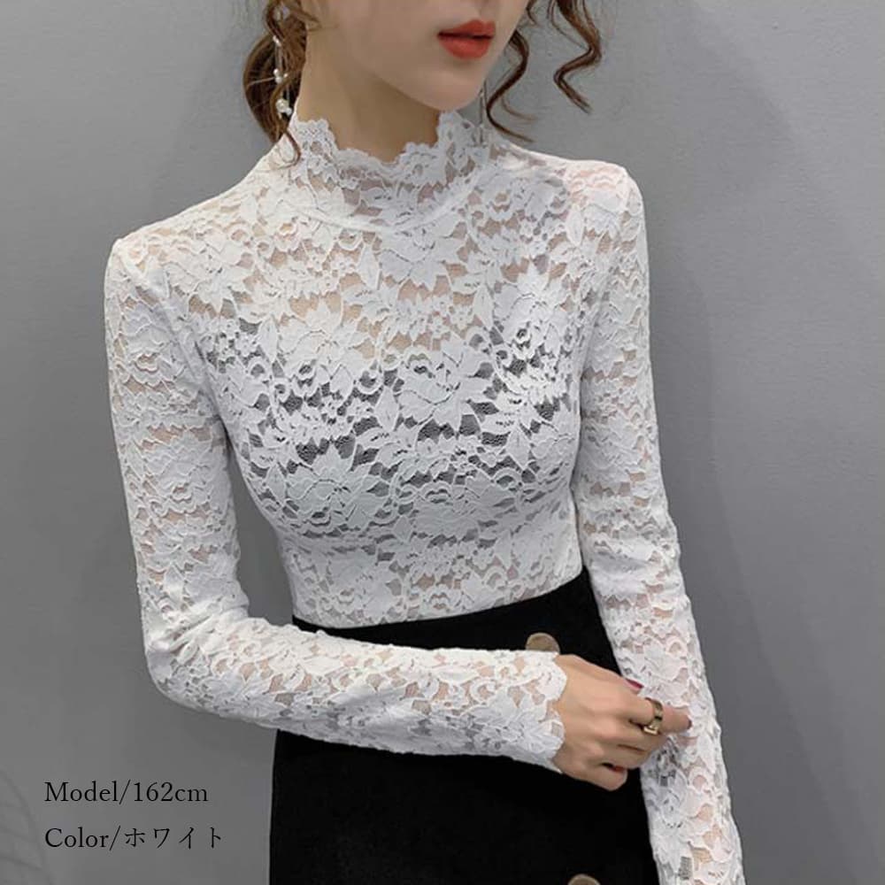 タートルネック　レディース　ノースリーブ　花柄レース タートルネックシャツ 上品シースルー