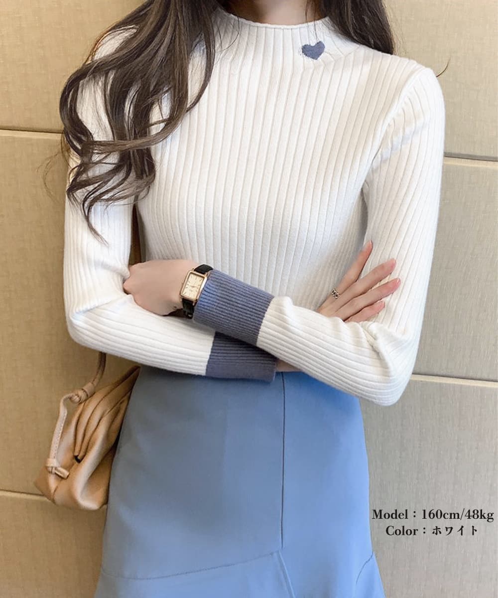 タートルネック　ハート刺繍入り シャツ 袖配色