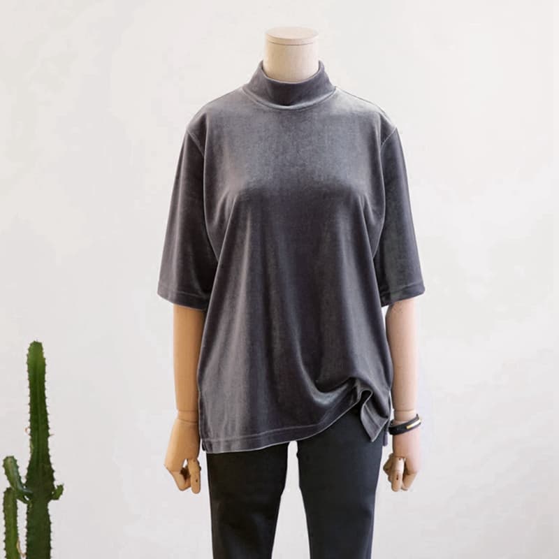 タートルネック　レディース　半袖　ゆったりベロア風半袖プルオーバー